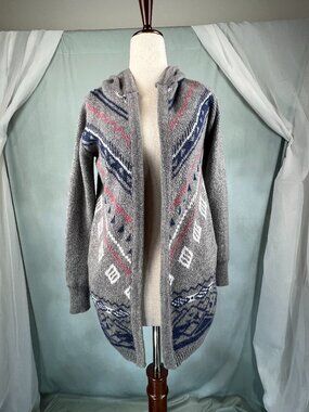 Pink Rose Kids Hooded Wrap Cardigan Grey & Blue Aztec Print Girls Sz Large